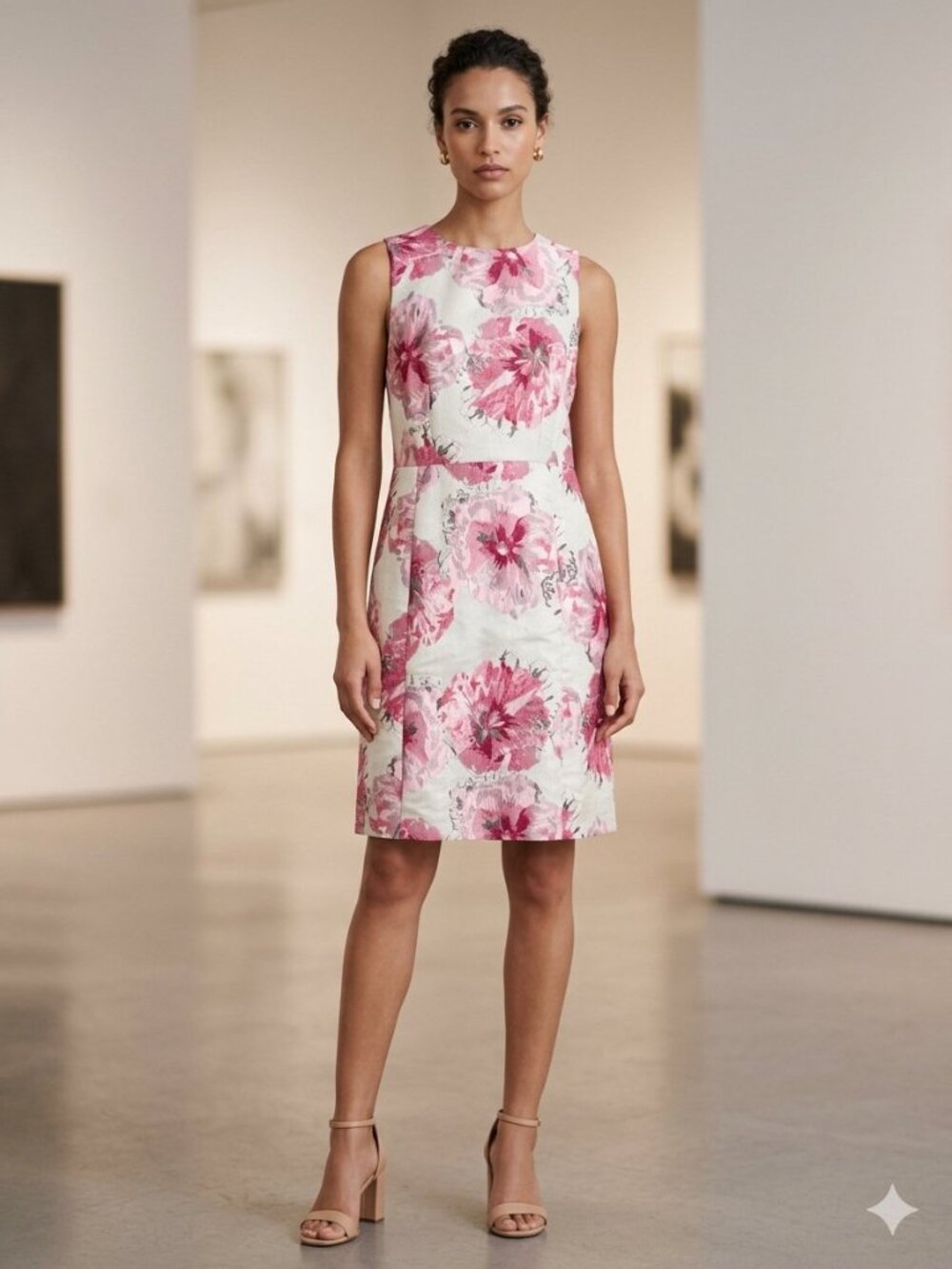 Pink Tartan Floral Jacquard Sleeveless Dress Metallic Red & Pink Print Size 14